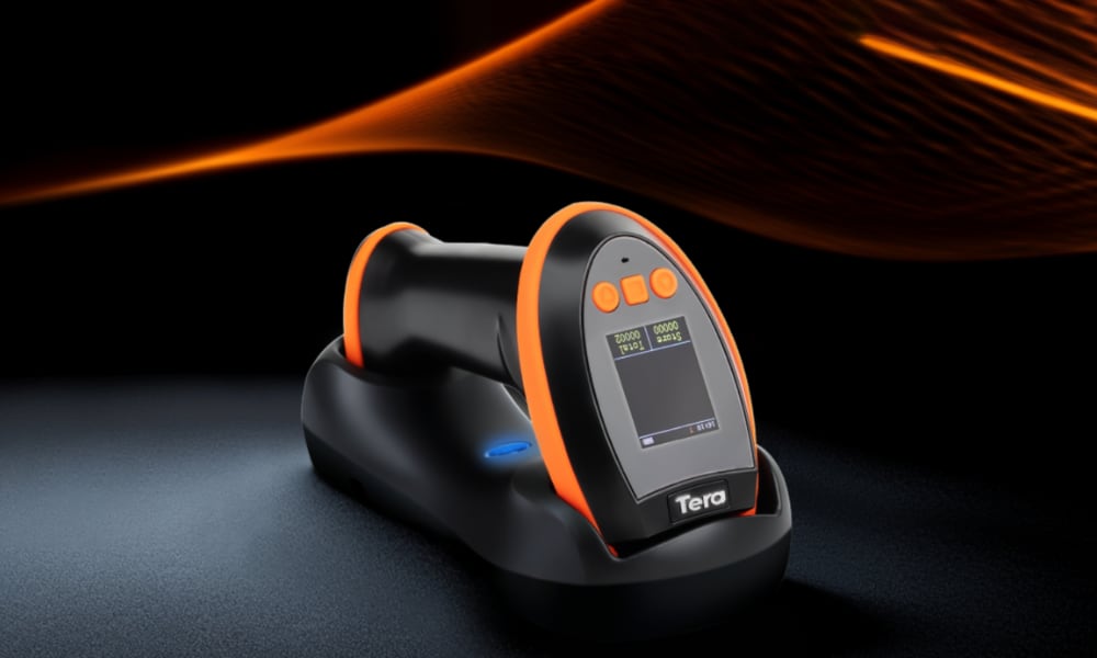 A sleek imager barcode scanner in a charging dock, featuring an intuitive display and ergonomic design for efficient scanning.