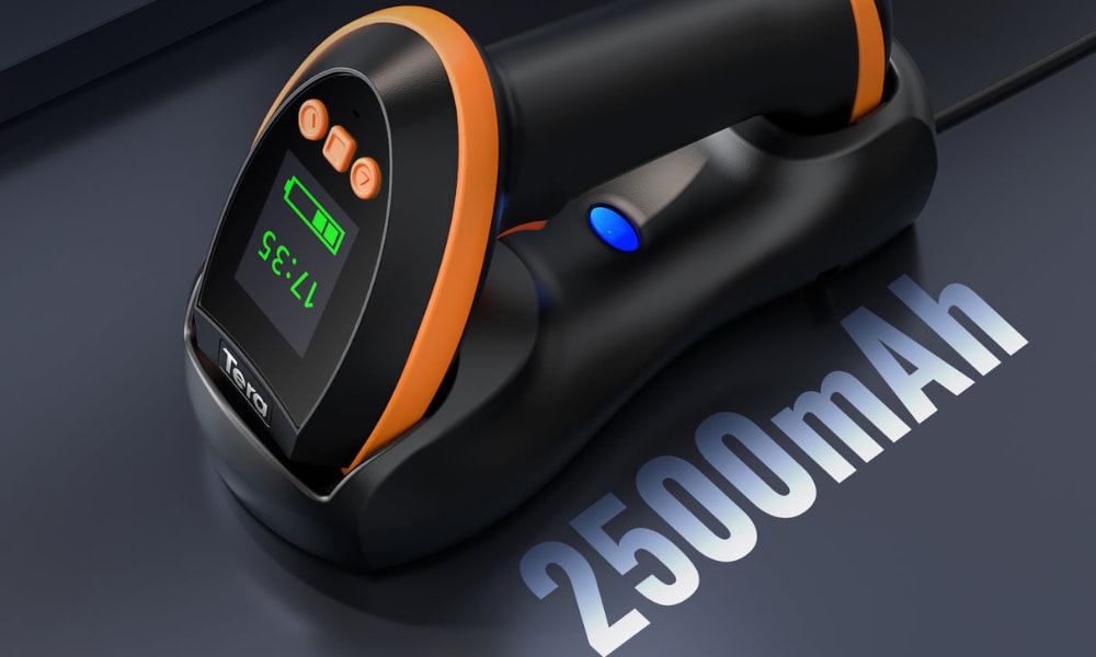 A close-up of a Tera imager barcode scanner displaying battery status, featuring a powerful 2500mAh battery for extended use.