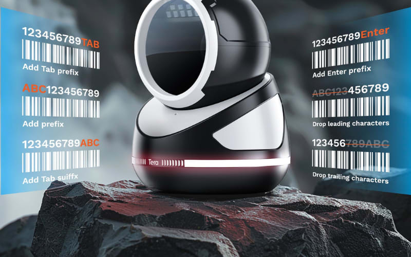 A sleek presentation scanner with barcode examples, showcasing prefix and suffix options for data customization.