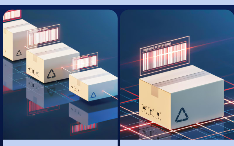 Three packages with barcodes being scanned, illustrating efficient inventory management using a presentation scanner.