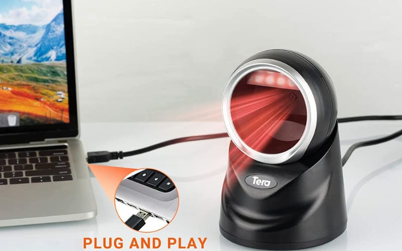 A sleek presentation scanner with a USB connection, showcasing plug and play functionality, ideal for quick document scanning.