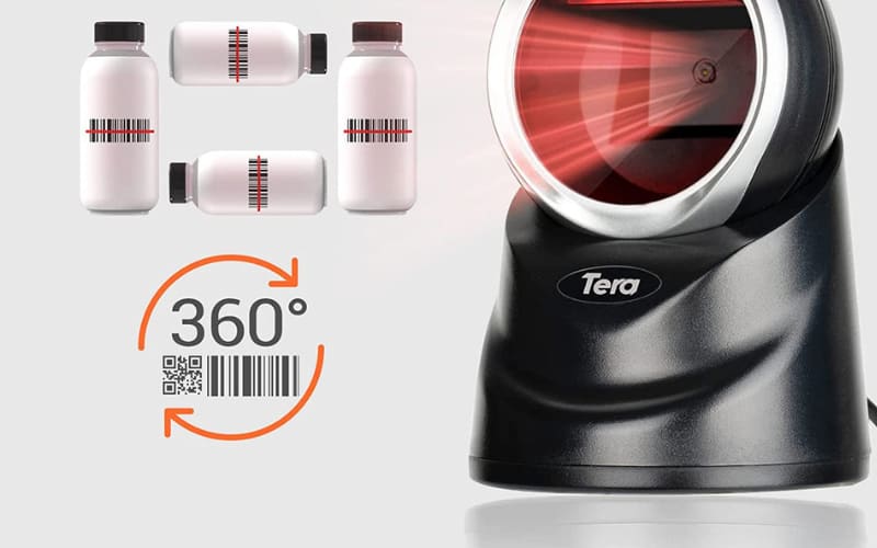 A presentation scanner captures 360° barcode data from various products, enhancing inventory management and efficiency.