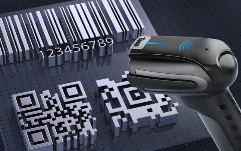 A barcode scanner software visual featuring a scanner next to barcode and QR code designs on a dark background.