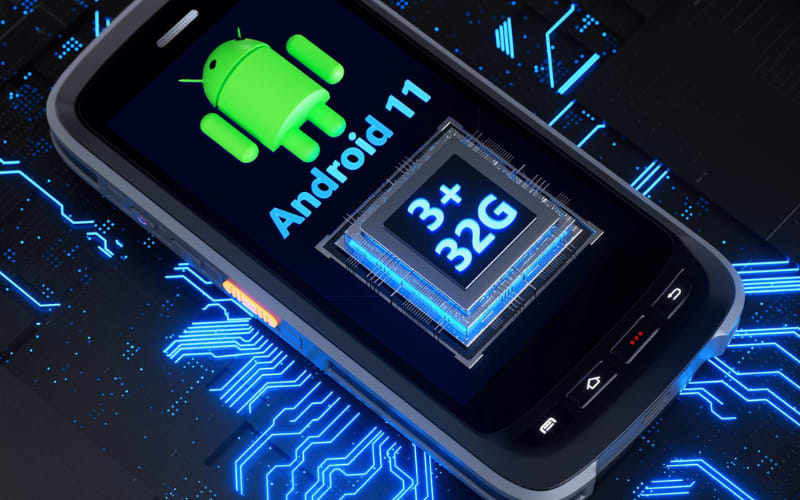 A smartphone displaying Android 11 with specifications of 3GB RAM and 32GB storage, ideal for running barcode scanner software.