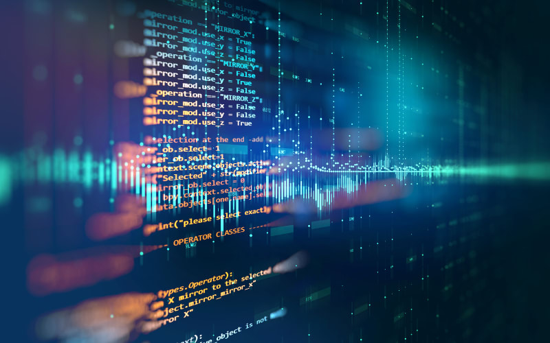 Abstract digital background showcasing code lines, representing advanced barcode scanner software technology in action.