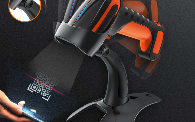 A close-up of a handheld scanner with blue lights, highlighting its scanner accessories and the projection of a QR code onto a surface.