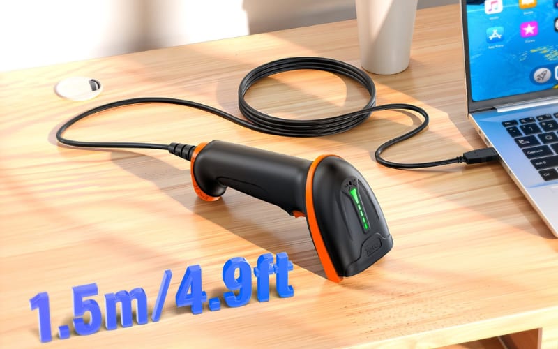 A handheld scanner accessory with a 1.5m/4.9ft cable connected to a laptop, designed for efficient data entry.