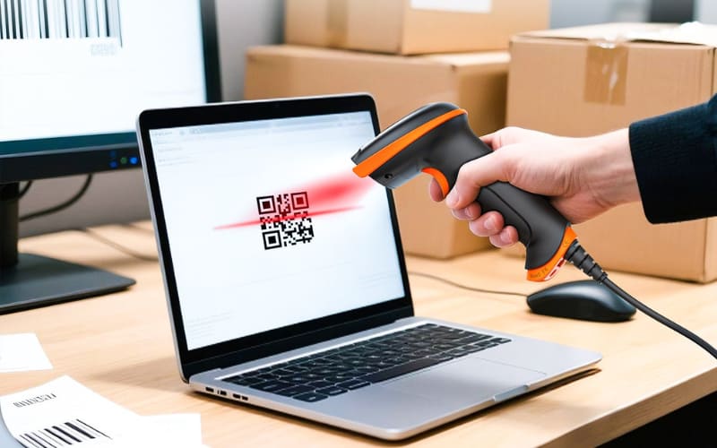 A person using barcode scanner hardware to scan a QR code displayed on a laptop screen, with shipping boxes in the background.
