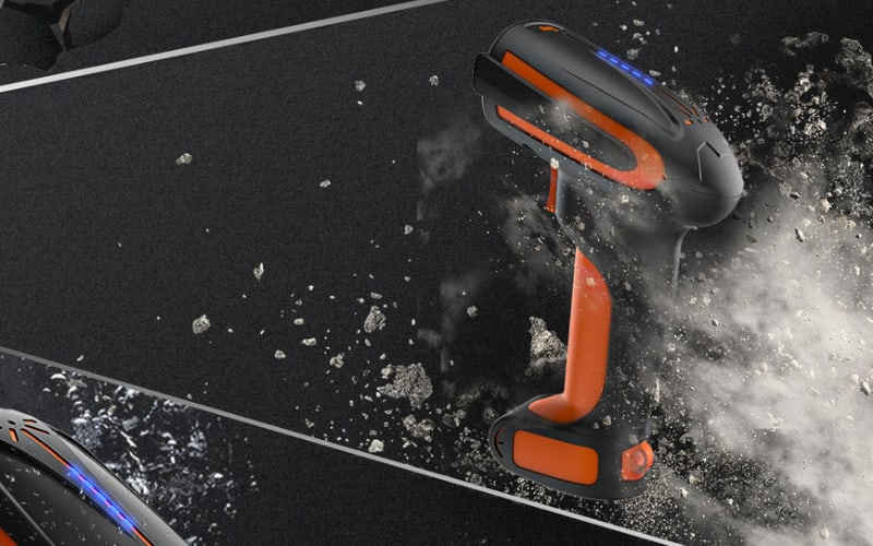 A rugged barcode scanner hardware shown in an action scene, highlighting its durability against dust and debris.