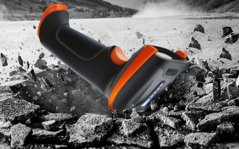 A barcode scanner hardware designed for tough environments, showcasing durability with a dynamic, rugged appearance.