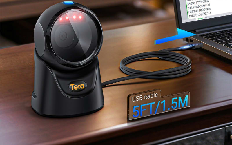 A sleek barcode scanner hardware with a USB cable connected to a laptop, designed for efficient scanning on a desk.