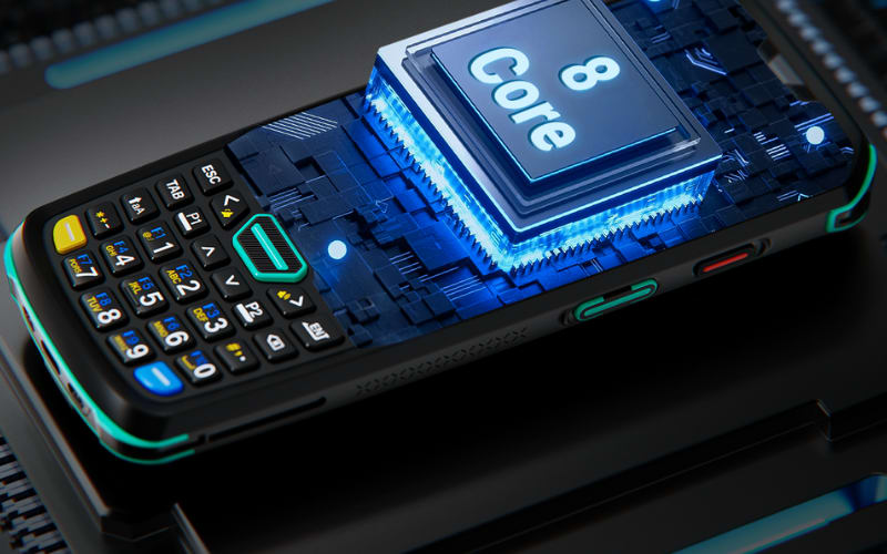 A modern barcode scanner with advanced 8-core processor design, featuring a durable battery for extended use.