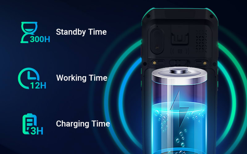 Barcode scanner battery features show 300H standby, 12H working, and 3H charging times for efficiency.