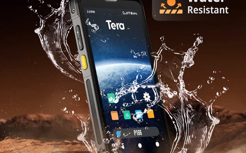 Rugged smartphone with a water-resistant design, ideal for barcode scanner battery efficiency in challenging environments.