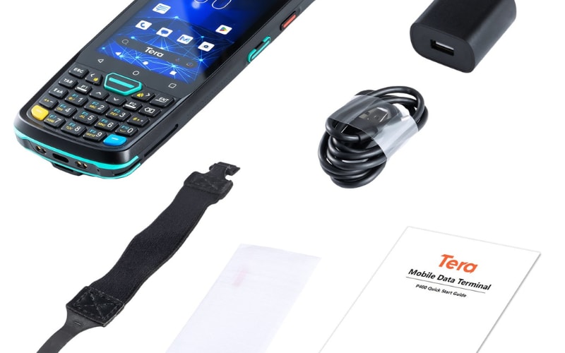A mobile data terminal set including a barcode scanner, charger, USB cable, wrist strap, and user manual, with battery included.