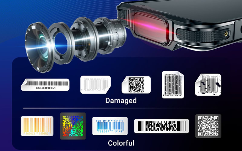 An illustration showing a barcode scanner's lens and various barcode types labeled "Damaged" and "Colorful."