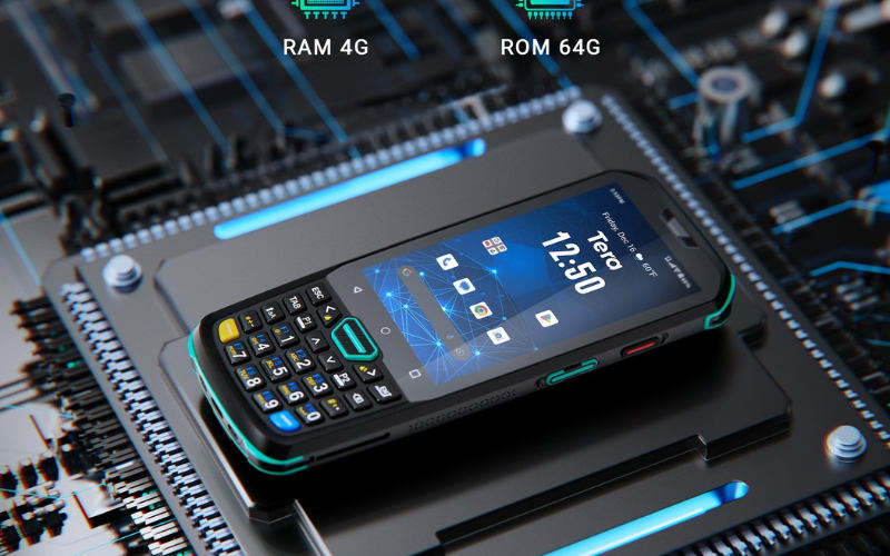 A rugged smartphone featuring 4GB RAM and 64GB ROM, set against a high-tech circuit board background.