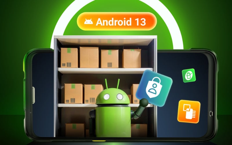 A smartphone displays an Android character in front of a shelf of boxes, illustrating smartphone features with icons.