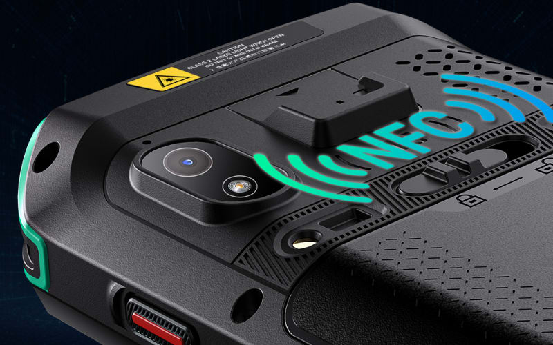 A close-up of a rugged device featuring a camera and NFC symbol, designed for efficient barcode scanning and connectivity.