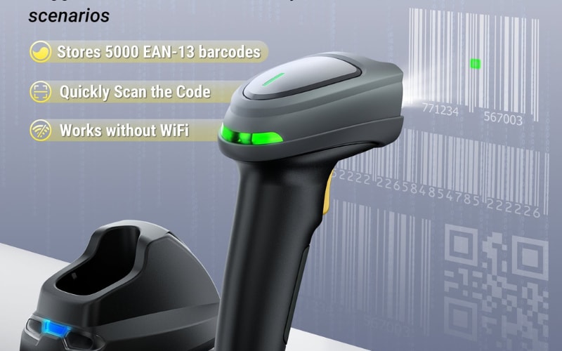Barcode scanner designed for safety, quickly scans codes, stores 5000 EAN-13 barcodes, and operates without WiFi.