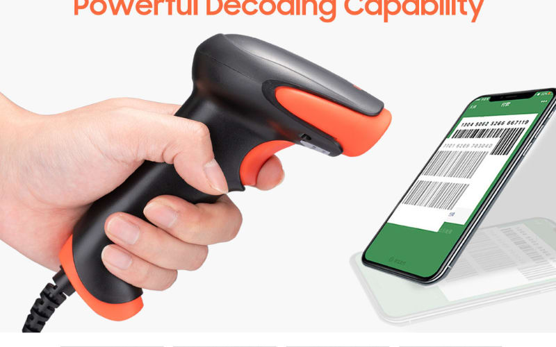 A hand holding a barcode scanner, illustrating powerful decoding capability and emphasizing barcode scanner safety features.