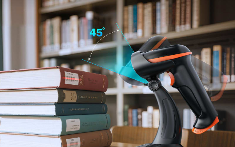 A barcode scanner is positioned at a 45° angle, ready for safe and efficient scanning in a library setting with books.