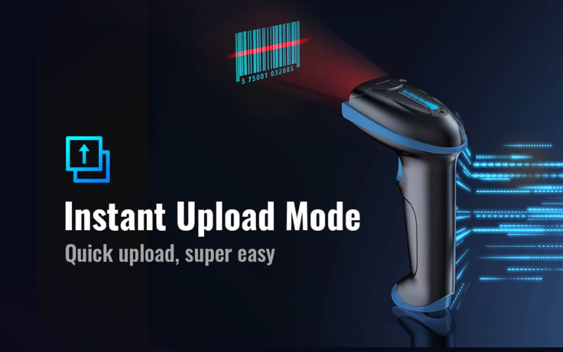 Barcode scanner showcasing instant upload mode, emphasizing quick upload and super easy operation for enhanced safety.