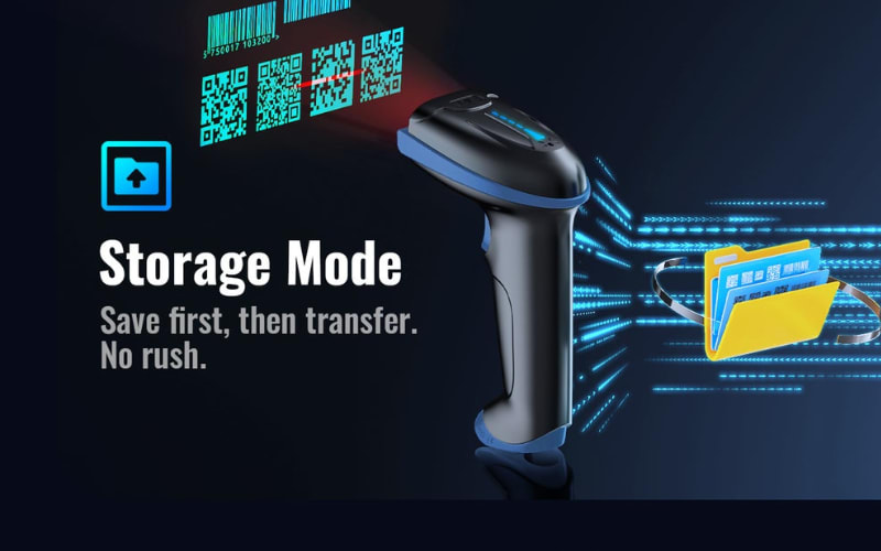 A barcode scanner in storage mode, emphasizing safety in saving data before transfer and ensuring efficient operation.