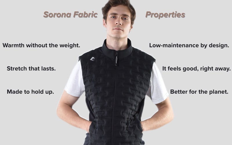 A man wearing a stylish vest made from Sorona fabric, highlighting its warmth, durability, and eco-friendly properties.