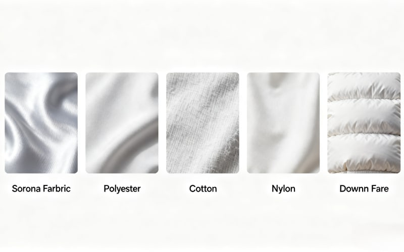 Various types of fabric displayed, including Sorona fabric, polyester, cotton, nylon, and down fare.