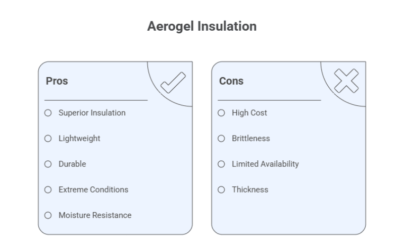 Overview of aerogel insulation, highlighting its pros like lightweight and moisture resistance, and cons such as high cost and brittleness.