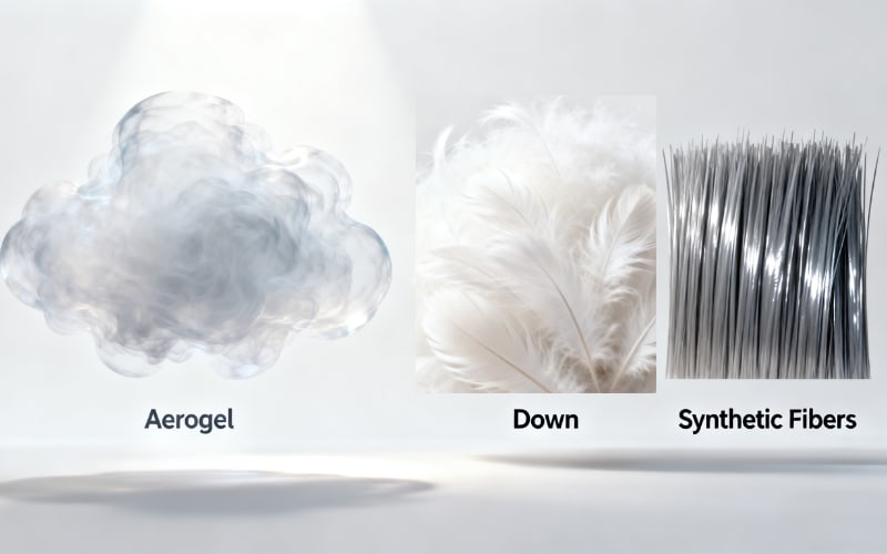 A comparison of aerogel insulation, down feathers, and synthetic fibers showcasing their unique properties.
