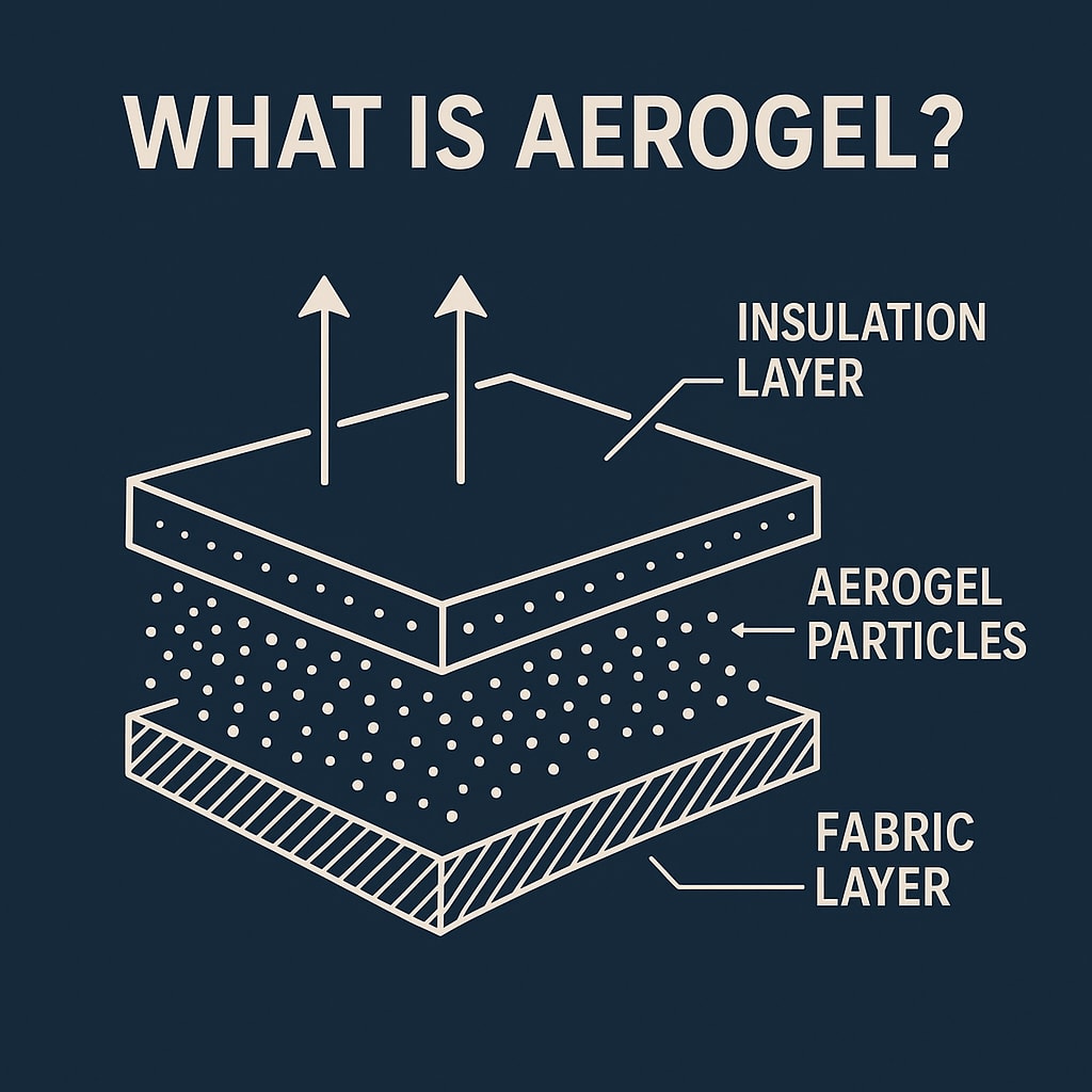 Explains aerogel's structure, highlighting its insulation properties compared to down materials for lightweight warmth.
