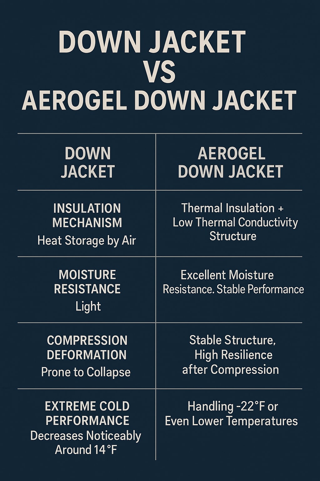 A comparison chart showing differences between down jackets and aerogel down jackets in insulation, moisture resistance, and cold performance.