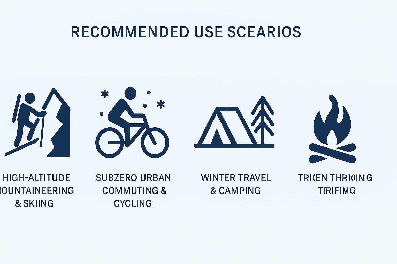 Icons illustrating recommended use scenarios for aerogel vs down: mountaineering, urban cycling, winter camping, and outdoor fires.