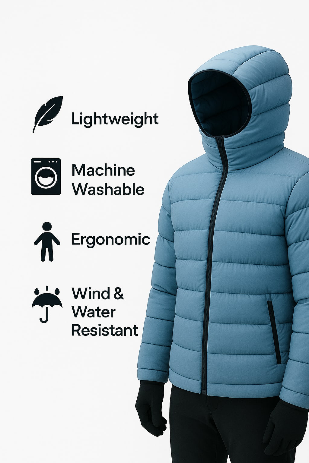 A blue puffer jacket showcasing features like lightweight design, machine washability, and water resistance, comparing aerogel vs down.