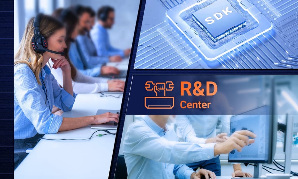 A team engaged in R&D at a tech center, showcasing collaboration and innovation alongside advanced technology elements.