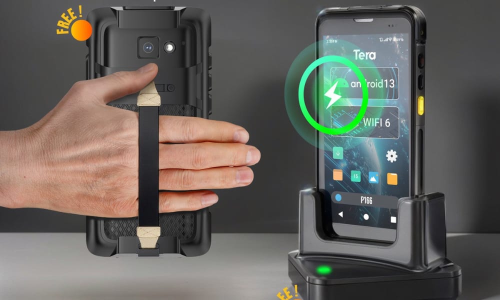 A hand reaches towards a rugged warehouse scanner, displaying its features on a charging dock, illustrating functionality and design.