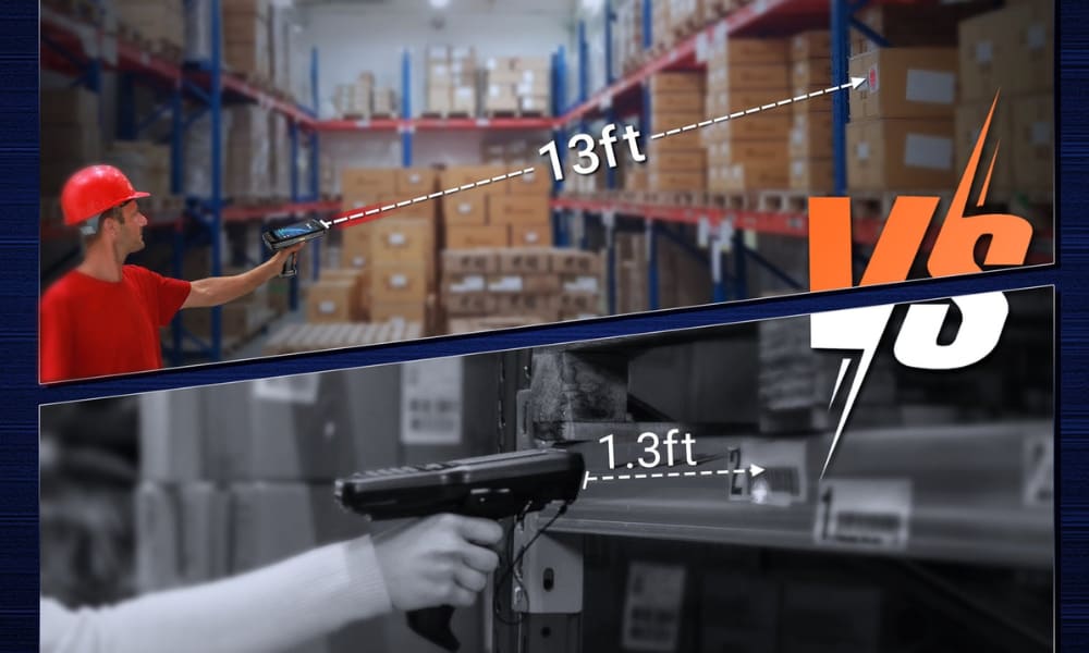 A comparison of two warehouse scanners showcasing their scanning distances: 13ft versus 1.3ft in a warehouse setting.