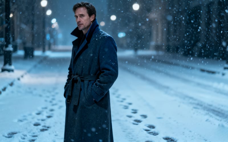 A man stands alone in the snow, pondering the difference between a coat vs jacket on a quiet, wintry street.
