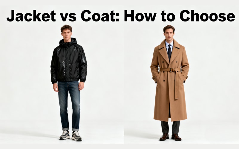 A comparison of a casual jacket and an elegant coat, illustrating how to choose between coat vs jacket styles.