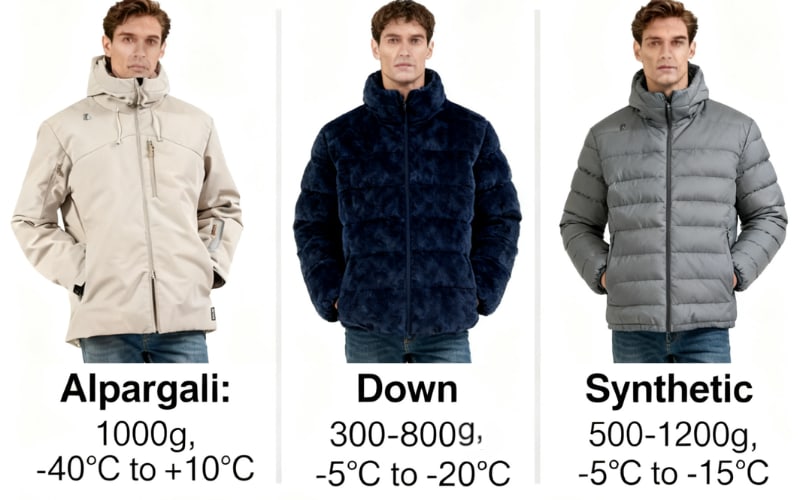 A comparison of three jackets: Alpargali, Down, and Synthetic, highlighting their weight and temperature ratings.