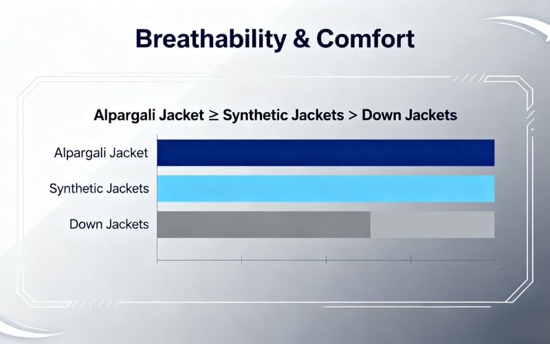 Graph comparing breathability and comfort levels of Alpargali jackets, synthetic jackets, and down jackets.