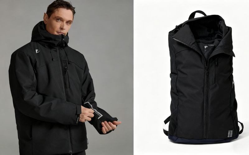 A model showcases a stylish black jacket, ideal for comparisons between down vs synthetic jacket features.