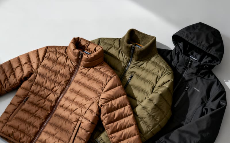 Three jackets are displayed: a brown down jacket, an olive green synthetic jacket, and a black hooded outerwear option.