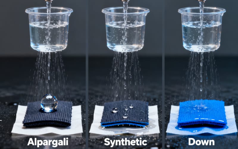 Water is poured over three fabric samples labeled Alpargali, Synthetic, and Down, showing their water resistance differences.