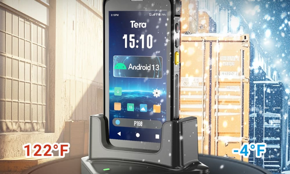 A retail barcode scanner displays the temperature extremes of 122°F and -4°F on its screen in a warehouse setting.