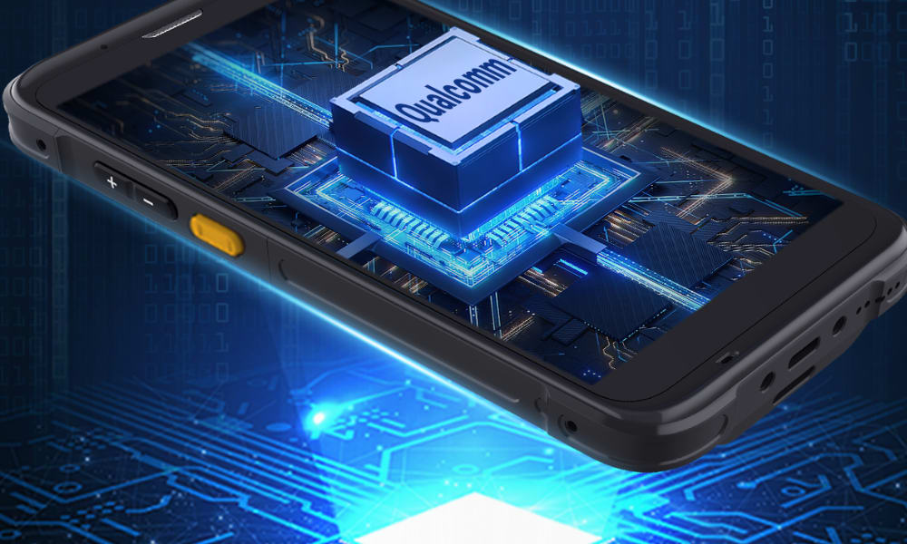 A sleek mobile device featuring a Qualcomm chip, suitable for retail barcode scanner applications.