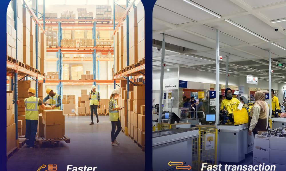 Warehouse workers organize boxes while customers utilize retail barcode scanners for fast transactions at checkout.