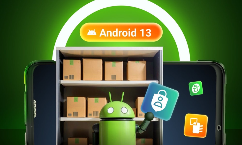 An Android character stands beside a shelf of boxes, showcasing features ideal for a retail barcode scanner.